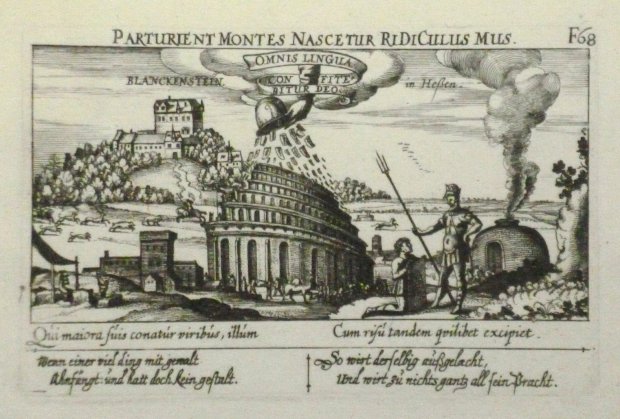 Abbildung von "' Blanckenstein in Hessen '. Original-Kupferstich von Blankenstein mit allegorischen Texten in lateinischer und deutscher Sprache."