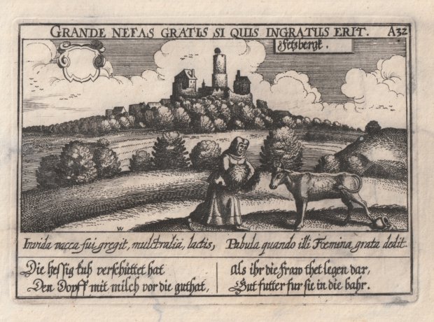 Abbildung von "' Felsbergk ' . Original-Kupferstich der Burg Felsberg in Hessen mit allegorischen Texten in lateinischer und deutscher Sprache."