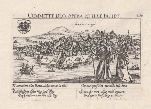 Abbildung von "Lisabona in Portugal. Original-Kupferstich mit der Ansicht von Lissabon. Mit allegorischen Texten in lateinischer und deutscher Sprache."