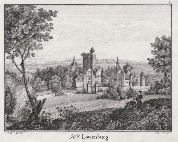 Abbildung von "Löwenburg. Original-Lithographie mit der Ansicht der Löwenburg aus der Folge 'Neue Bildergeographie für die Jugend'."