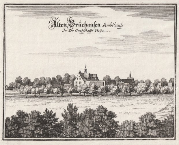 Abbildung von "' Alten Bruchhausen Ambthauss. In der Grafschafft Hoya '. = Bruchhausen-Vilsen an der Aller in der Grafschaft Hoya."