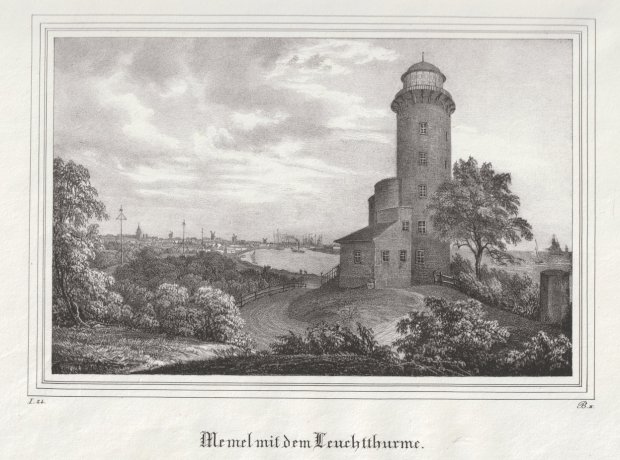 Abbildung von "Memel mit dem Leuchtthurme. Original - Lithographie. (Aus : 'Borussia')."
