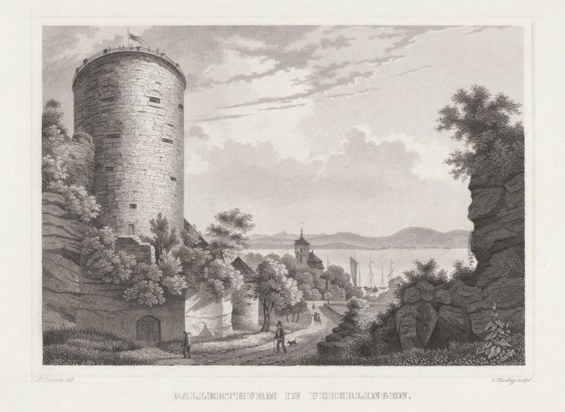 Abbildung von "Gallerthurm bei Ueberlingen. (Mit Blick auf den Bodensee). Original-Stahlstich."