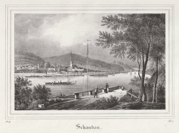 Abbildung von "Schandau. (Gesamtansicht, Elbe im Vordergrund. Original-Lithographie aus 'Borussia')."