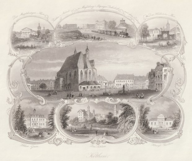 Abbildung von "Köthen. Souvenirblatt mit einer zentralen Ansicht des Hauptplatzes und 6 Randansichten mit Titeln..."