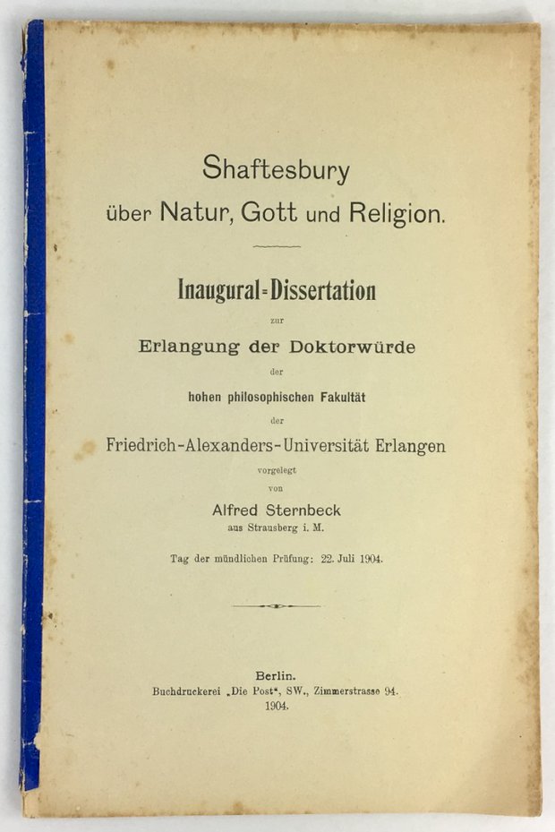Abbildung von "Shaftesbury über Natur, Gott und Religion. Inaugural-Dissertation zur Erlangung der Doktorwürde der hohen philosophischen Fakultät der Friedrich-Alexander-Universität Erlangen."