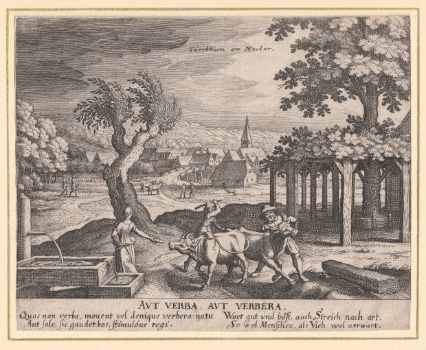 Abbildung von "Türckheim am Neckar. (Gesamtansicht mit bäuerlicher Szene im Vordergrund)."