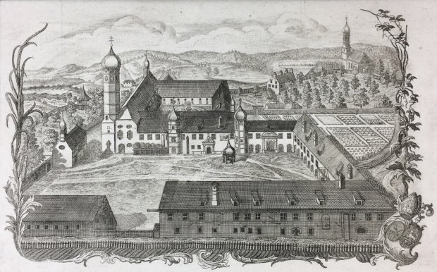 Abbildung von "Beuerberg - Kloster und Ort. (Monumenta Beurbergensia.) Orig. - Kupferstich von Joseph Anton Zimmermann aus der "Monumenta Boica",..."