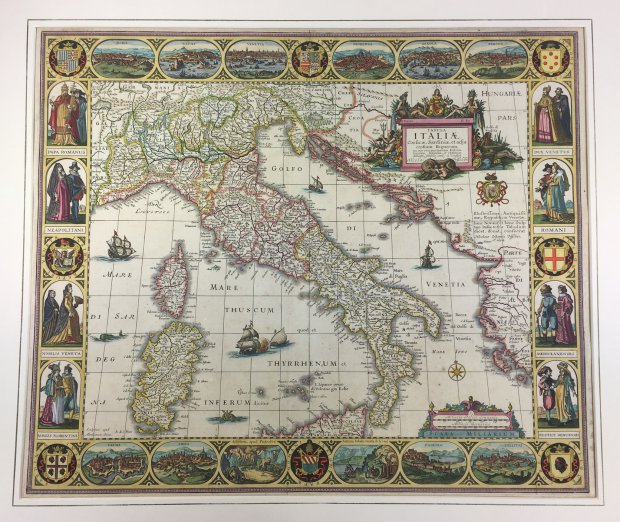 Abbildung von "Tabula Italiae, Corsicae, Sardiniae, et adja centium Regnorum. ( Altkolorierte Orig.-Kupferstichkarte,..."