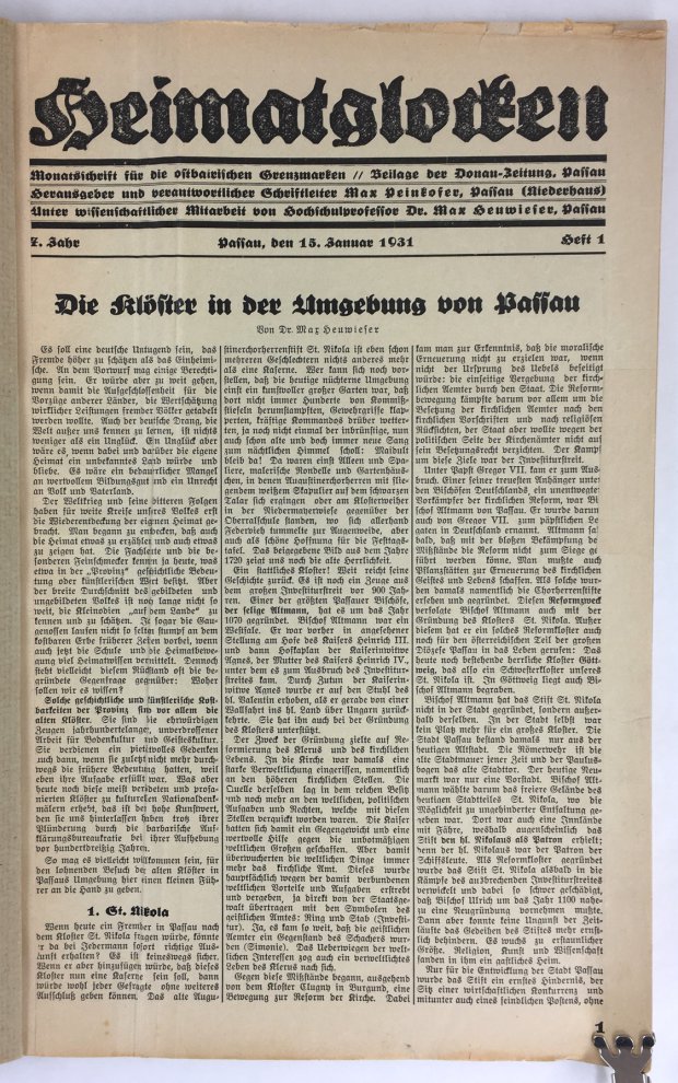 Abbildung von "Heimatglocken. Monatschrift f&uuml;r die ostbairischen Grenzmarken. Beilage der Donau-Zeitung, Passau..."
