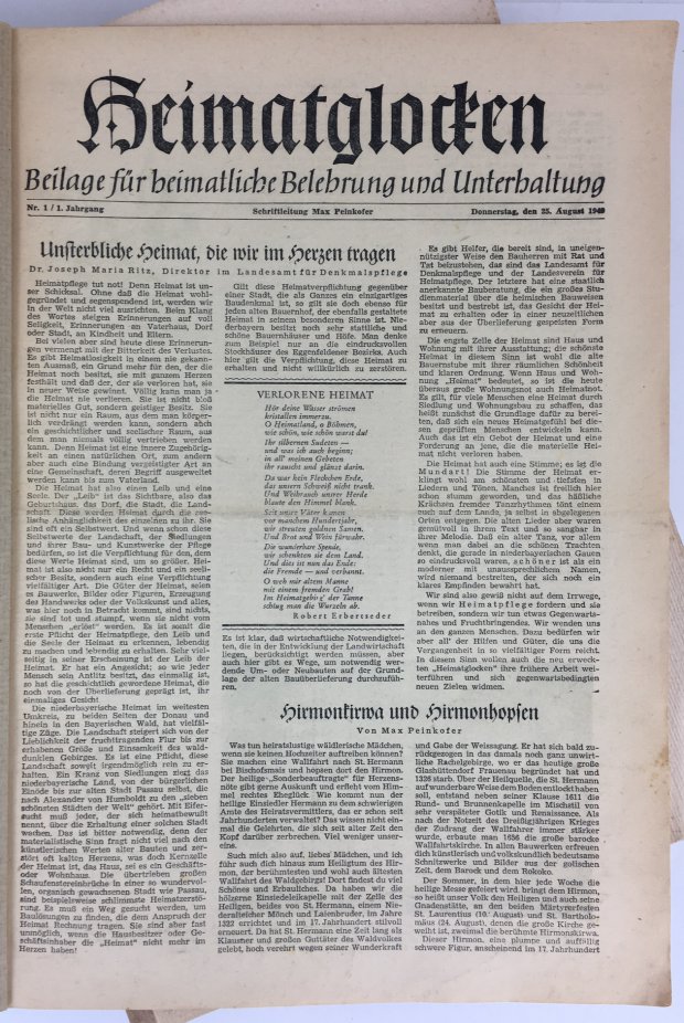 Abbildung von "Heimatglocken. Beilage f&uuml;r heimatliche Belehrung und Unterhaltung. (Jahrg&auml;nge 1949 - 1959 cplt.)."